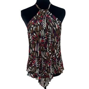 Metropark Womens Small Abstract Leaf Print Pleated Halter Handkerchief Top Brown